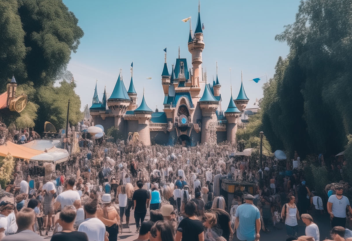 A busy fun scene at Disneyland with crowds, rides, characters, and the castle