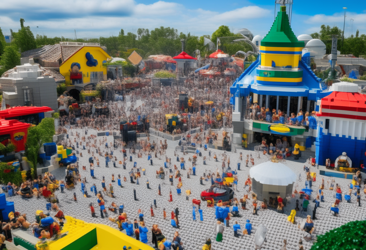 A busy fun scene at Legoland theme park with Lego rides, buildings, characters, and crowds