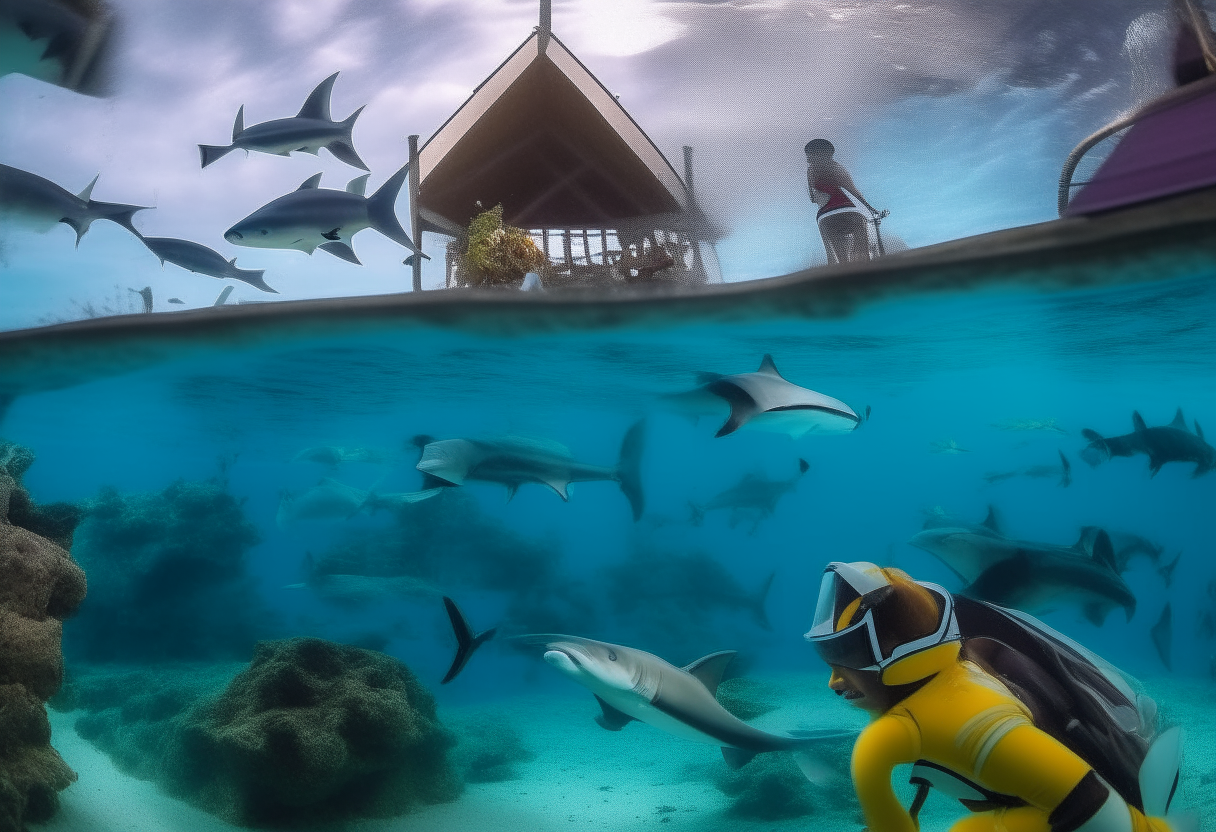 An underwater scene at a tropical resort where tourists swim and scuba dive with sharks