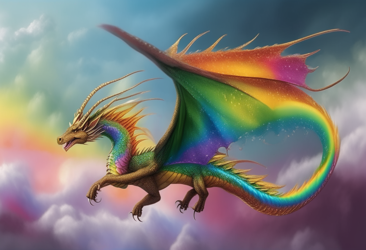 A majestic dragon with rainbow colored scales and wings flying through the sky