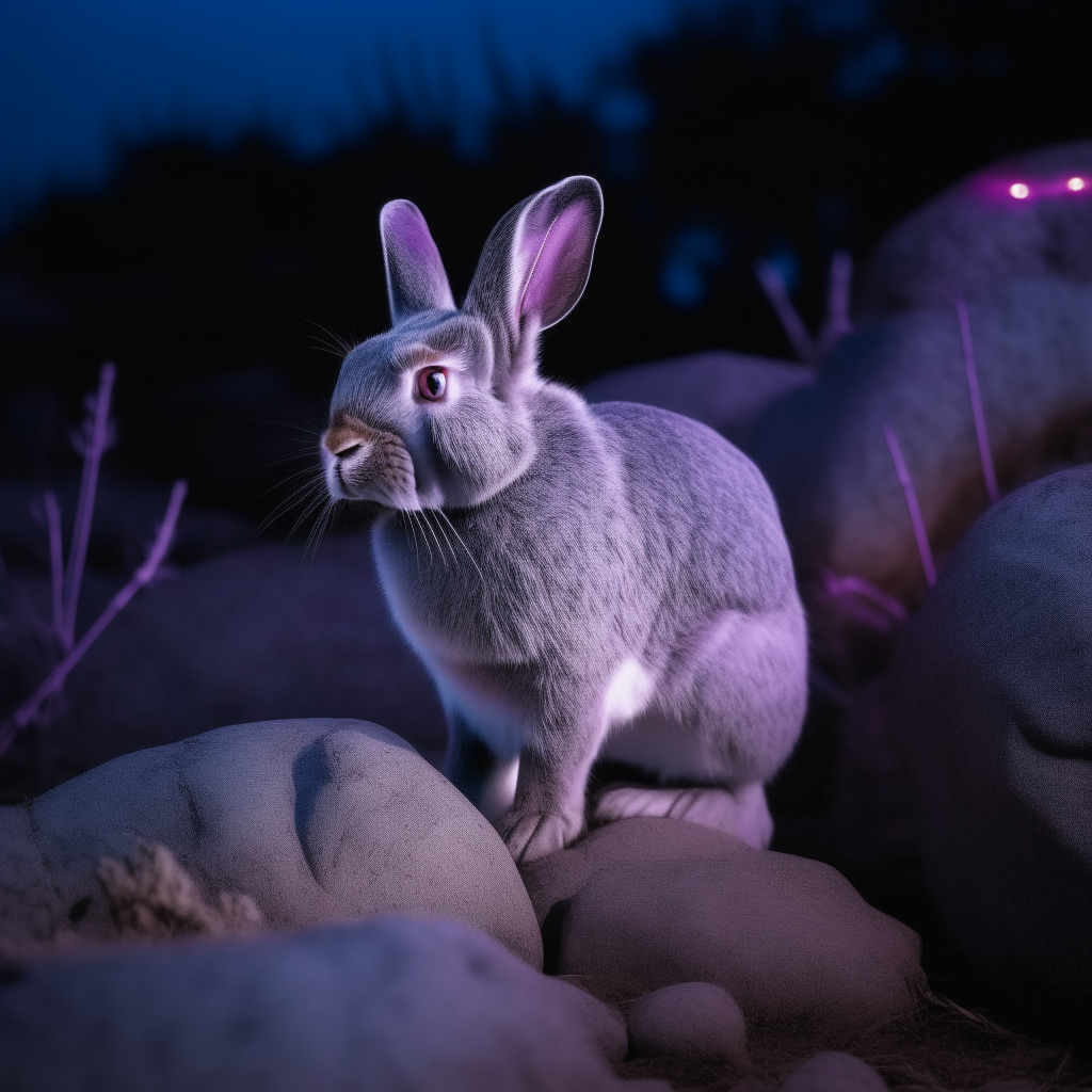 gray rabbit standing on rocks at night, while purple light is emitted from ground