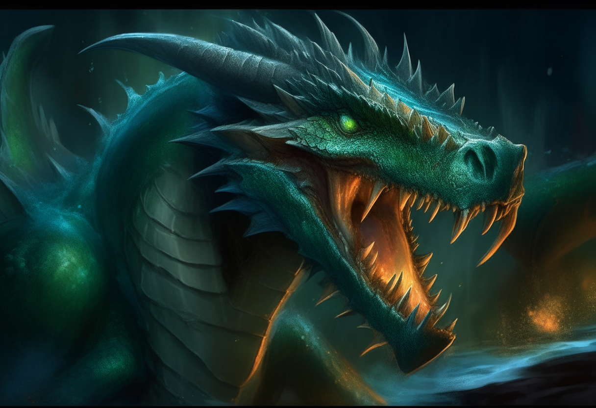 A ferocious dragon with green scales and sharp teeth, breathing a stream of bright blue fire