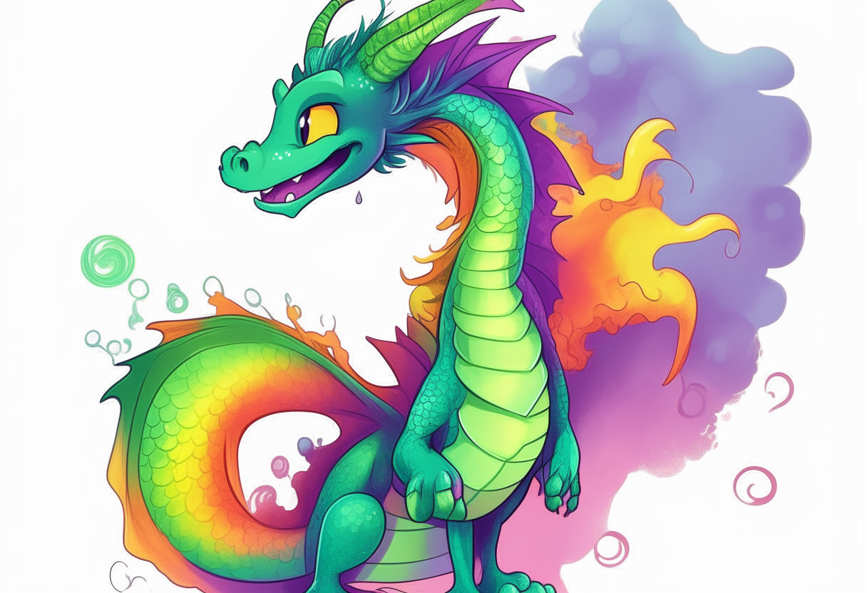 A cartoon dragon with green and purple scales dancing playfully while breathing a stream of rainbow colored fire into the sky