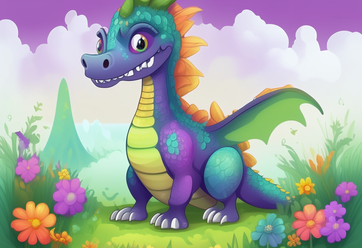 A cartoon dragon with green, purple and rainbow colored scales standing in a field of flowers and smiling