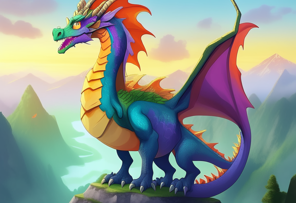 A majestic cartoon dragon with green, purple, blue, yellow, orange and red scales standing proudly atop a mountain cliff overlooking a lush valley