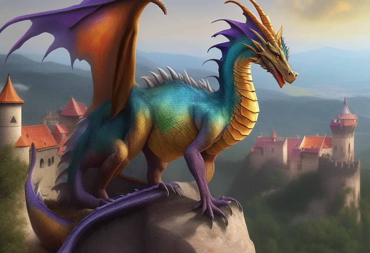 A large western dragon with green, purple, blue, yellow, orange and red scales standing on a cliff overlooking a medieval village, photorealistic