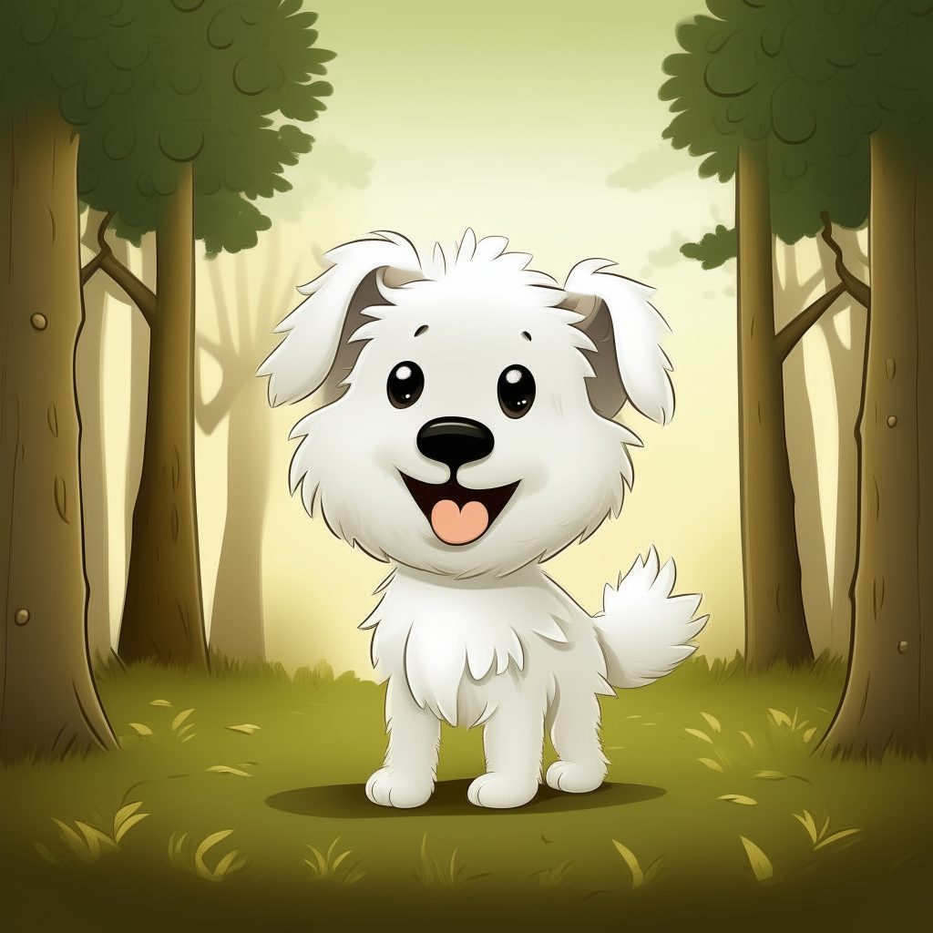 a cute cartoon dog with fluffy fur standing in a forest with trees in the background looking happy