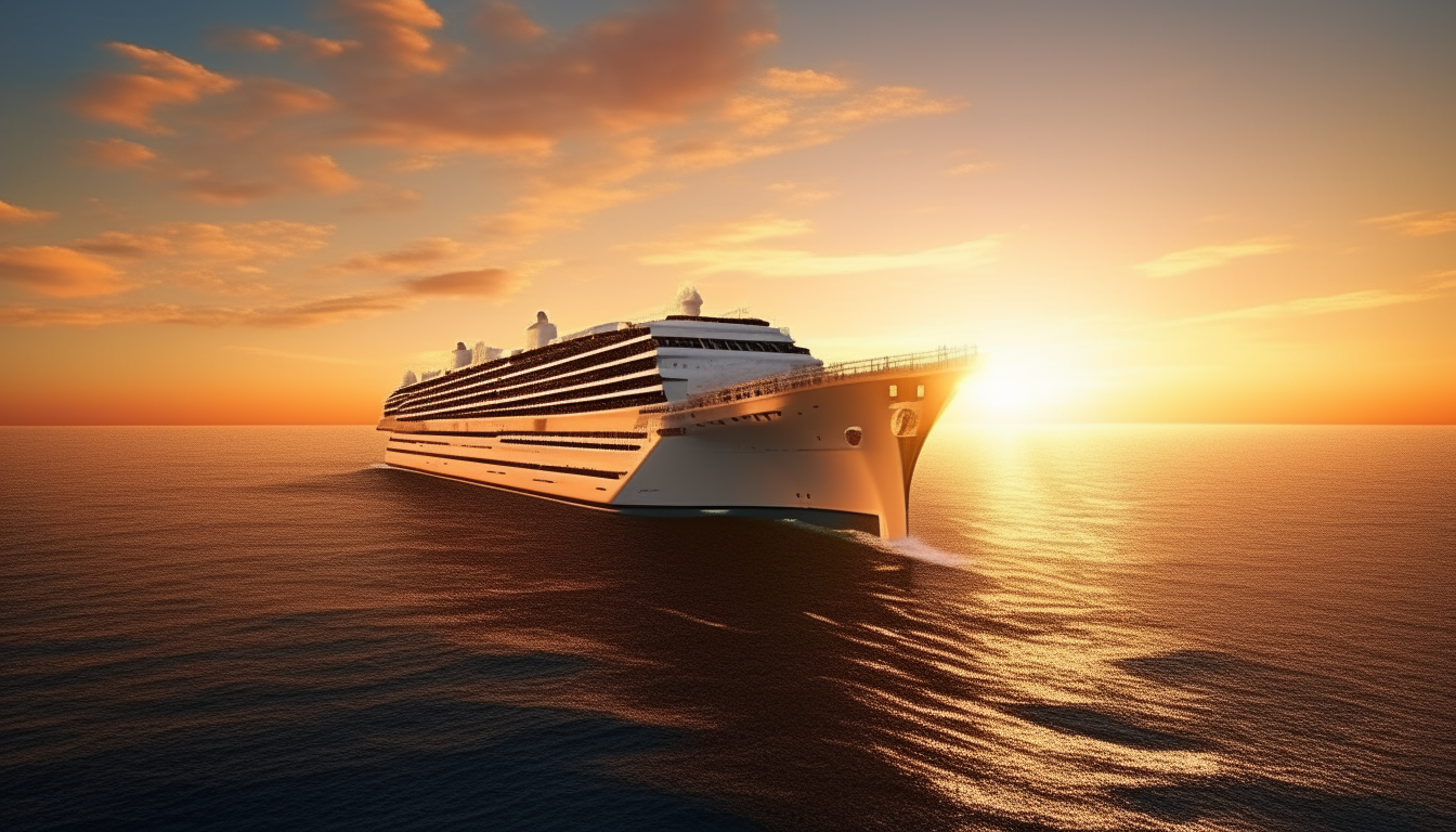 a large cruise ship sailing on the ocean at sunset a large cruise ship sailing on the ocean at sunset, extremely detailed