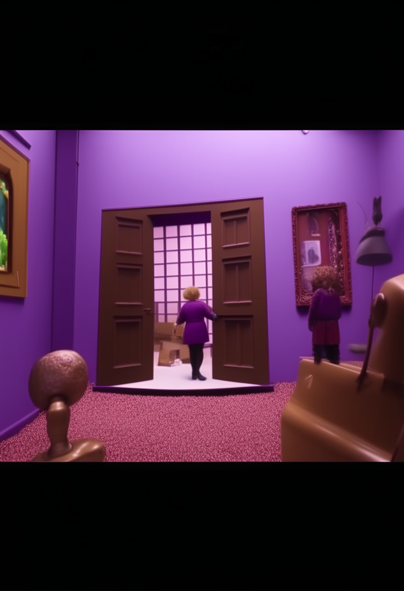 Charlie and Chocolate factory style video, woman entering house and then room turns to chocolate factory