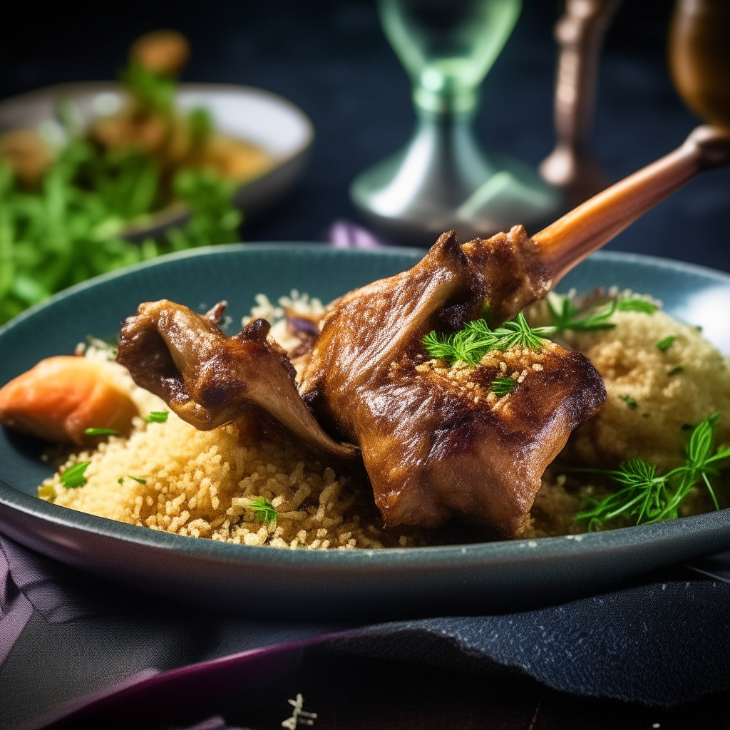 Rosemary-dijon lamb shanks served with quinoa salad, extremely sharp focus, studio lighting