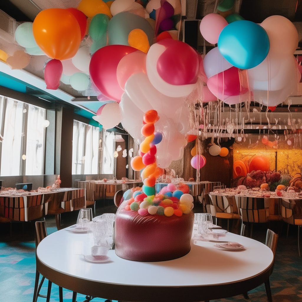 A panoramic view of the dining area filled with whimsical decorations - giant lollipops, colorful balloons, and chocolate fountains.