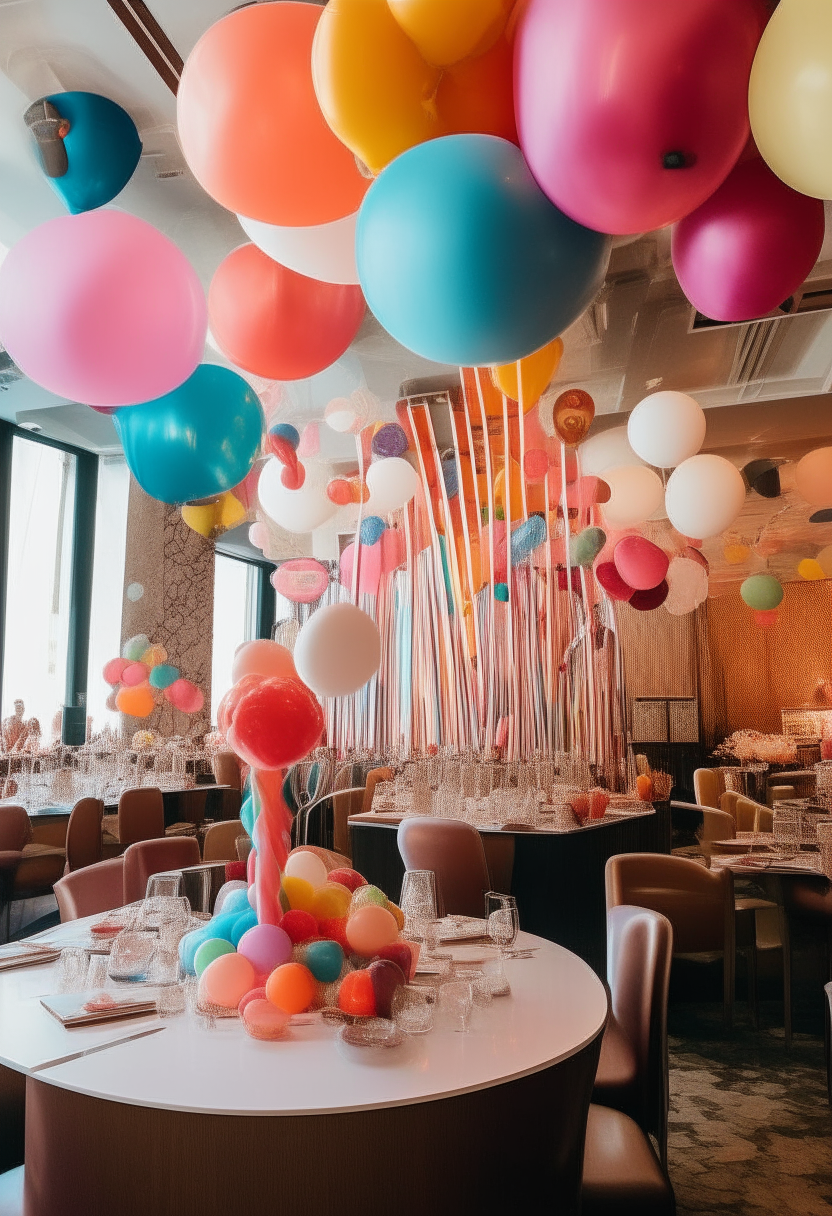 A panoramic view of the dining area filled with whimsical decorations - giant lollipops, colorful balloons, and chocolate fountains.