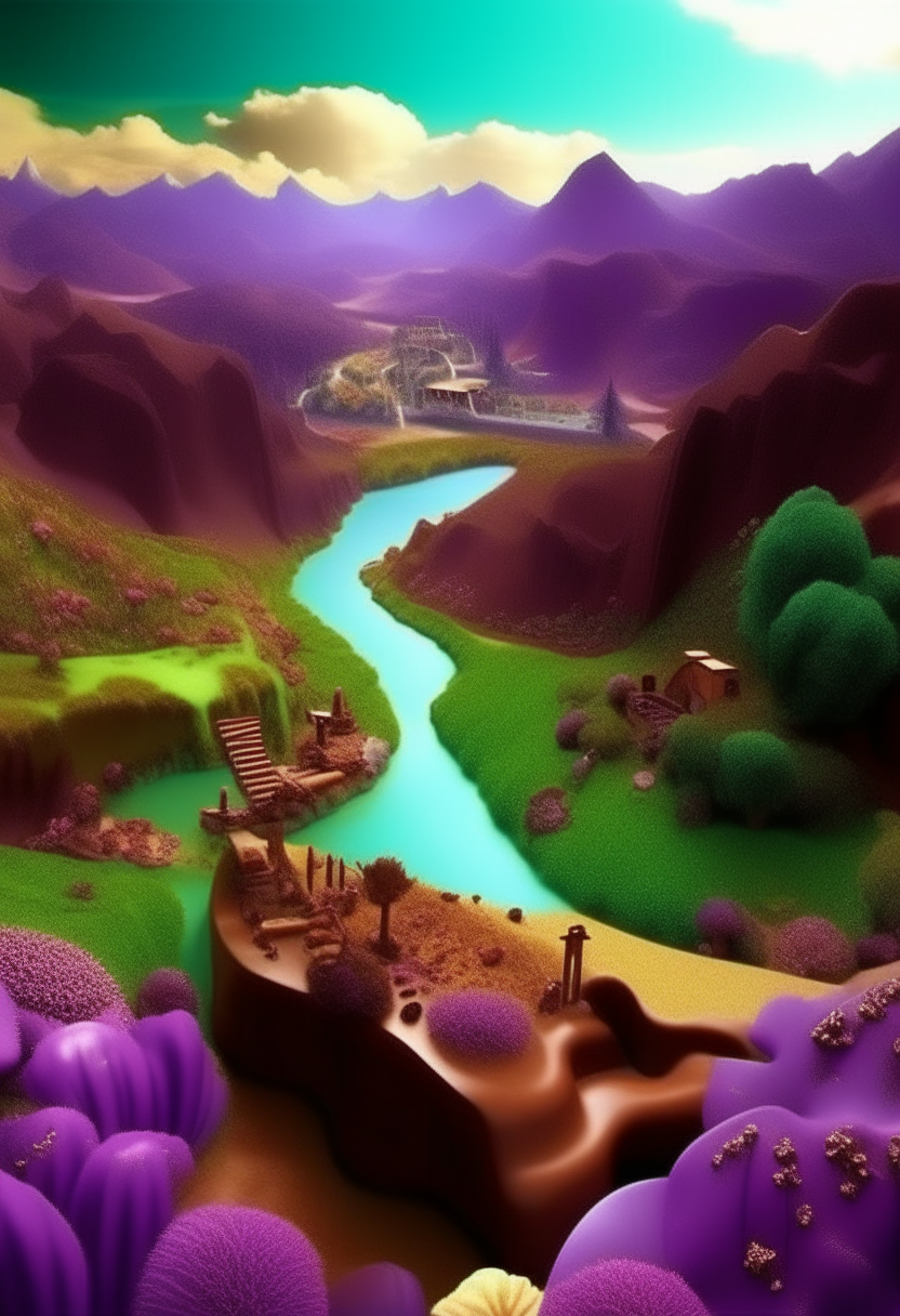 chocolate river flowing amidst a magical landscape.Charlie and the Chocolate Factory