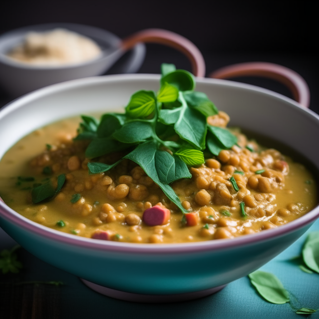 Creamy coconut lentil curry with spinach served in a bowl, extremely sharp focus, studio lighting