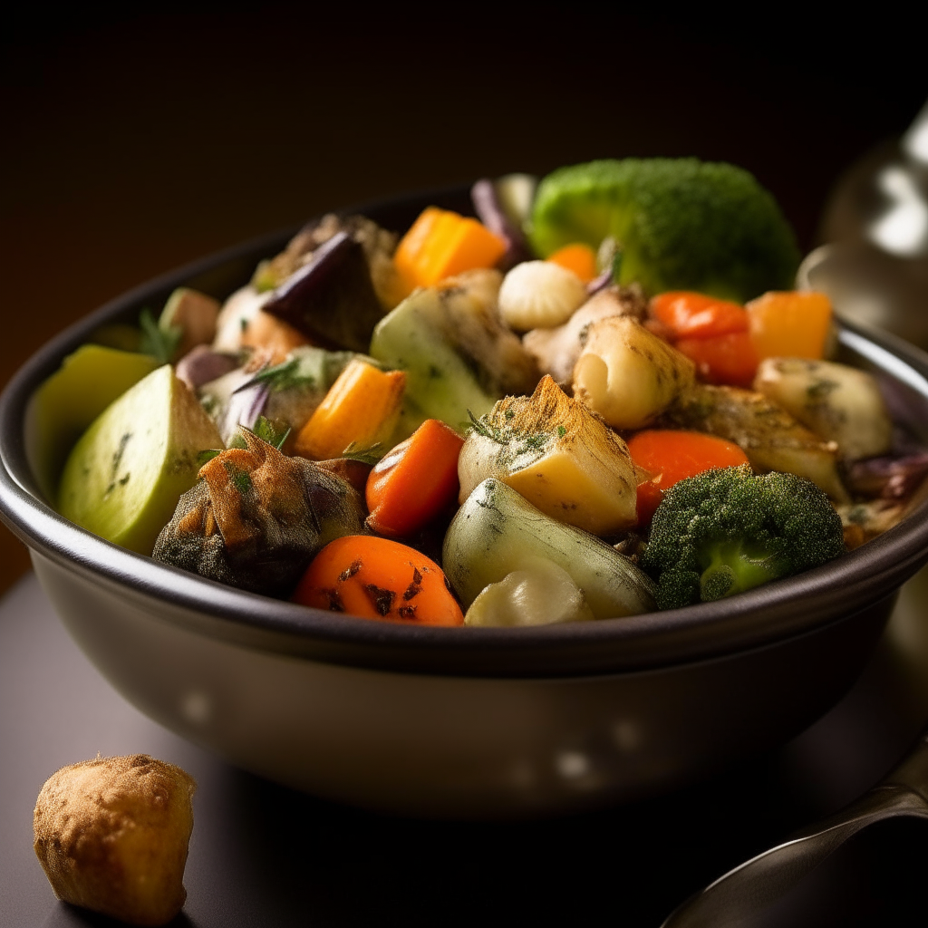 Herb roasted mixed vegetables served in a bowl, extremely sharp focus, studio lighting