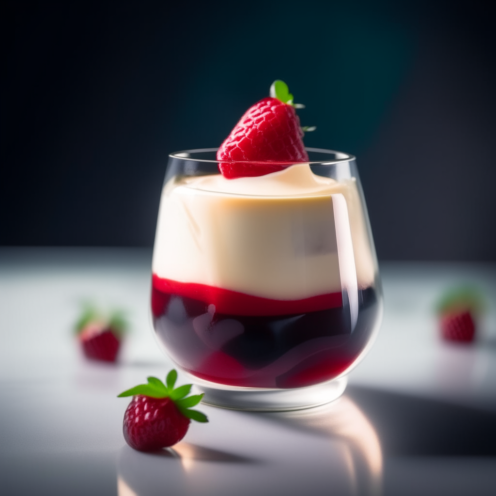 Vanilla bean panna cotta with berry coulis served in a glass, extremely sharp focus, studio lighting