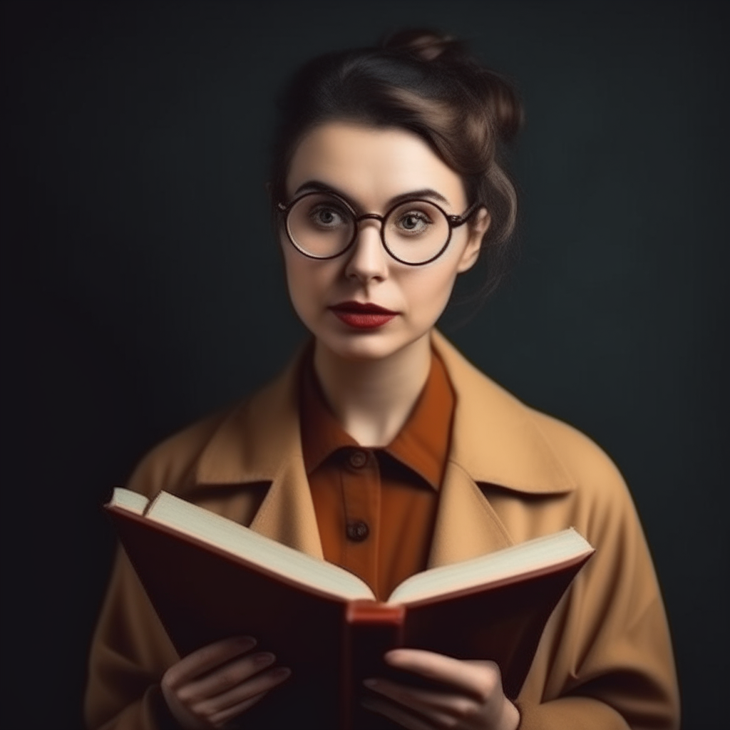 author lady wearing spectacles facing camera with a book in the hand stylish