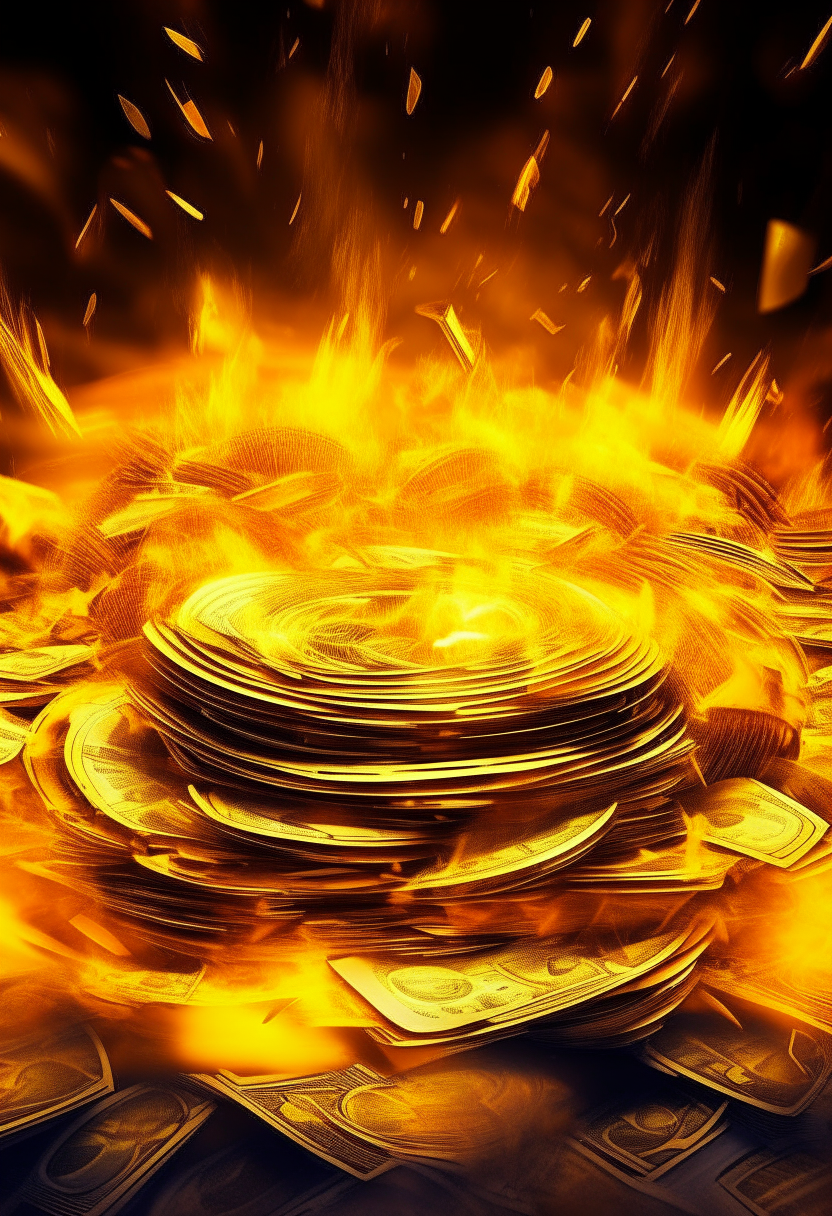 a pile of money sitting on top of a table, glowing fire background, old internet art, bright yellow color scheme, radial, swirling vortex of energy, big tech art style, by Bourgeois, professional photoshop artwork, global illuminaition, interconnections, trap