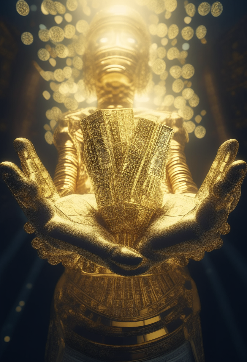 a person holding a bunch of money in their hands, volumetric god rays, stock footage, artgem, 2 0 1 9, golgari findbroker, ornate gilded cosmic machine, by Don Bluth, golden gloves, extra hands