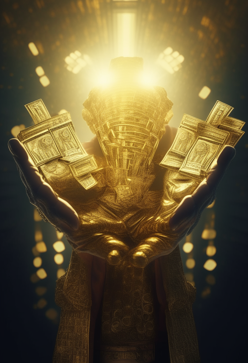 a person holding a bunch of money in their hands, volumetric god rays, stock footage, artgem, 2 0 1 9, golgari findbroker, ornate gilded cosmic machine, by Don Bluth, golden gloves, extra hands