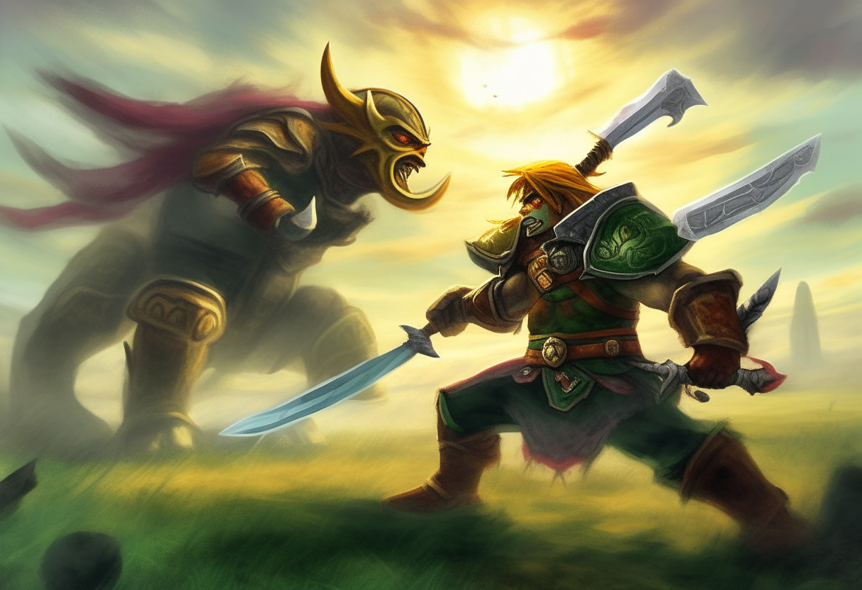 Link battling Ganondorf in Hyrule field, digital art painting