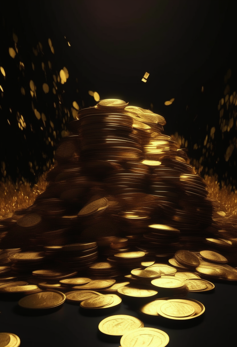 a pile of gold coins sitting on top of a pile of leaves, cgi animation, flowing energy, black and gold colors, dd, racks, wall, vault, with a long, alegria, scintillating, inside a grand, gui