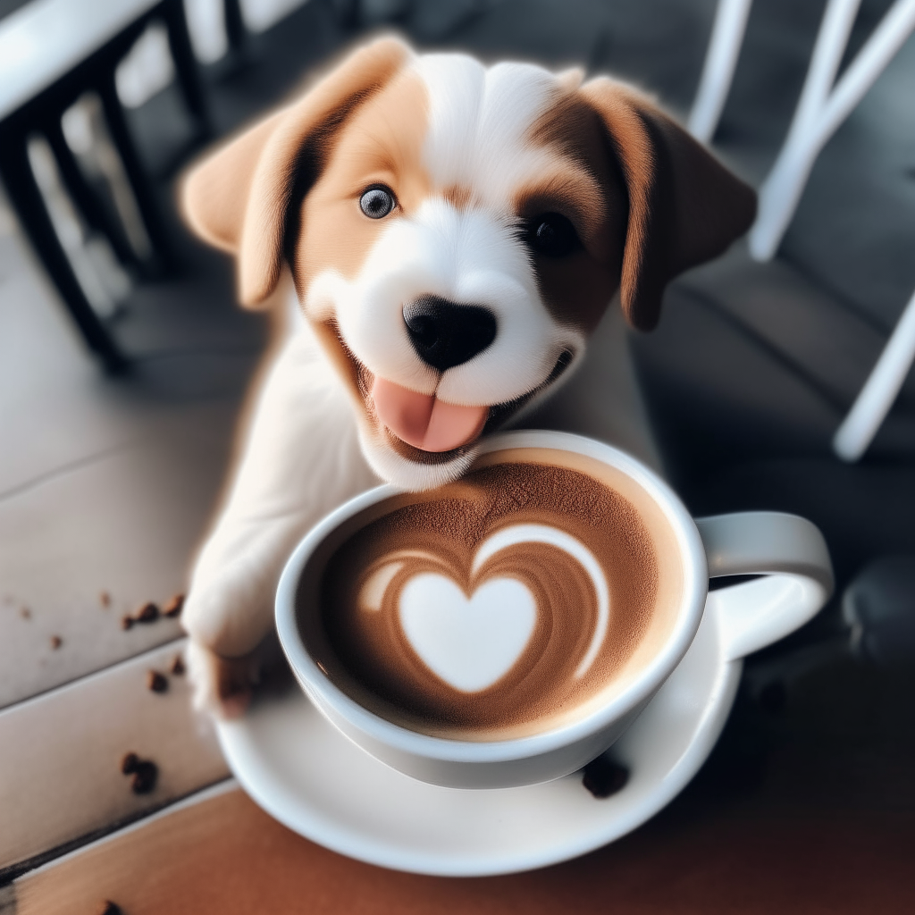 a happy puppy drinking a latte with heart-shaped foam art