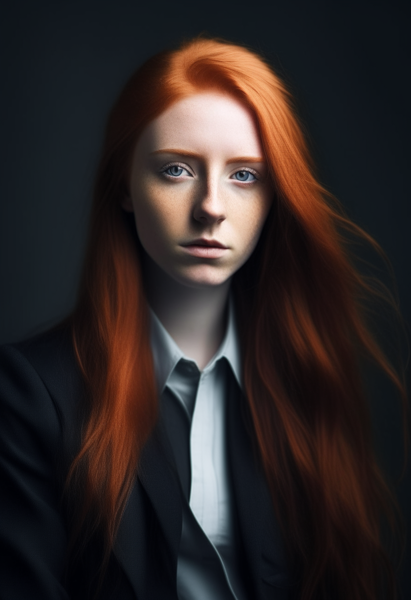 portrait of a young woman with long red hair, wearing a black waistcoat, staring directly at the camera