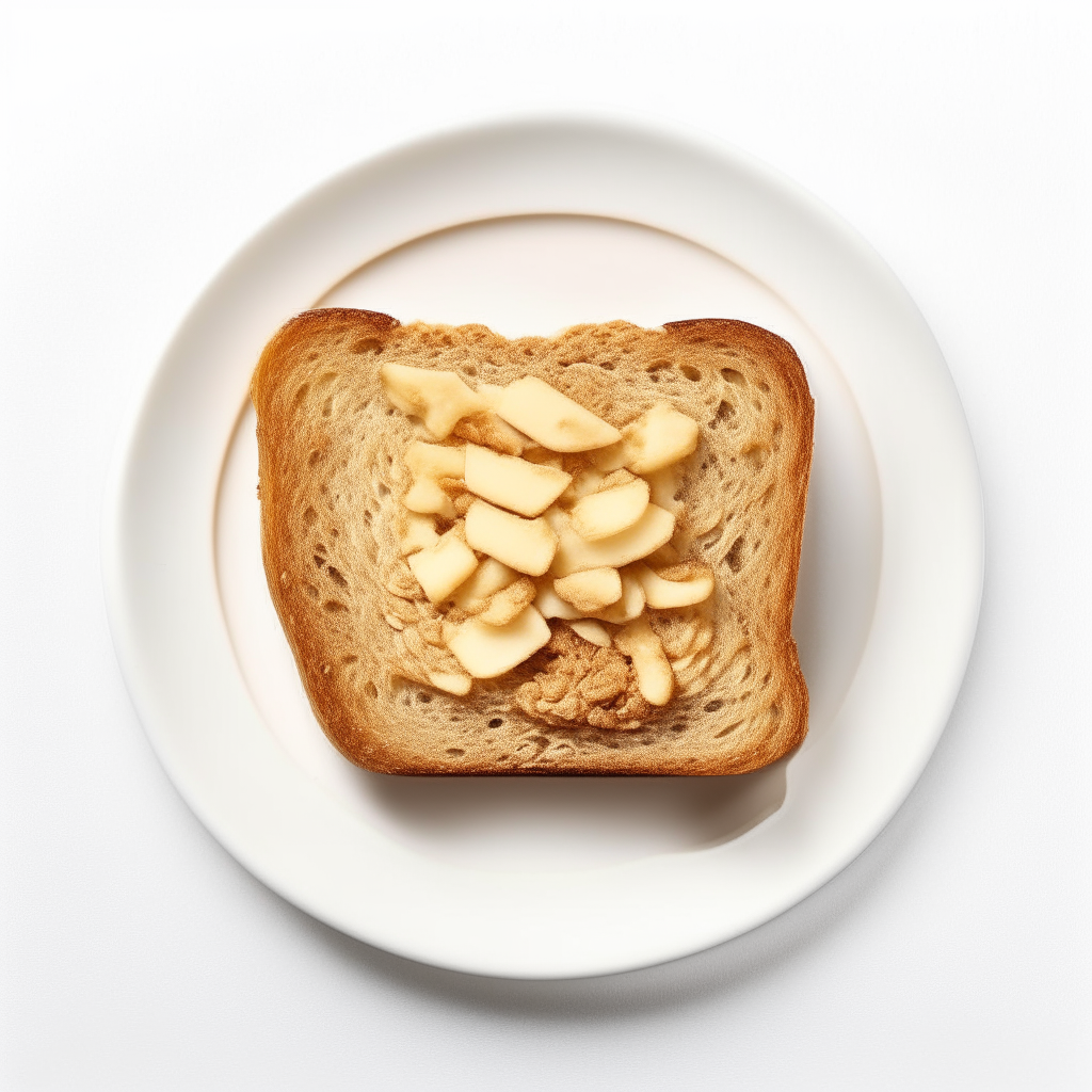 Slice of apple cinnamon oat bread on a white plate, overhead studio lighting, extremely sharp focus, bread fills the frame