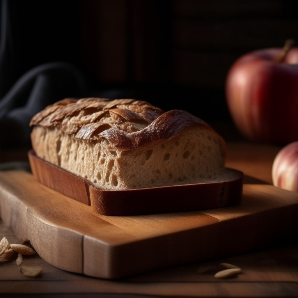 Apple cinnamon oat bread on a rustic wood surface, soft natural window lighting from the side, razor sharp focus, bread takes up most of the frame