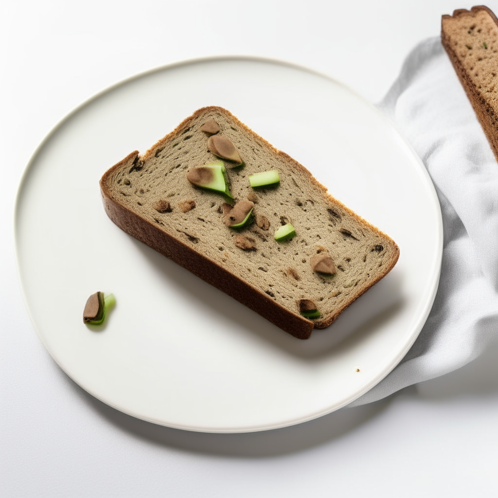 Slice of zucchini chocolate chip gluten free bread on a white plate, overhead studio lighting, extremely sharp focus, bread fills the frame