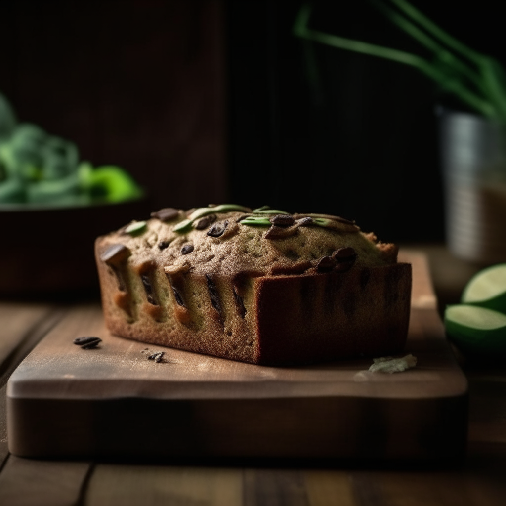 Zucchini chocolate chip gluten free bread on a wood surface, soft natural window lighting from the side, razor sharp focus, bread takes up most of the frame