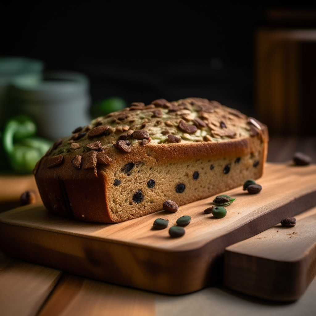 Zucchini chocolate chip gluten free bread on a cutting board, bright studio lighting from an angle, tack sharp focus, bread fills the frame