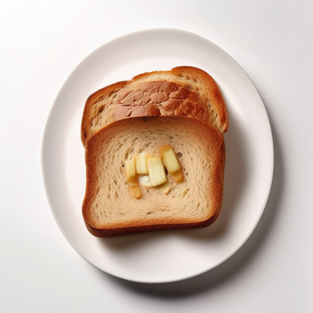 Slice of apple cider gluten free bread on a white plate, overhead studio lighting, extremely sharp focus, bread fills the frame