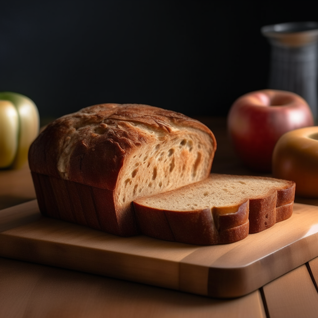 Apple cider gluten free bread on a cutting board, bright studio lighting from an angle, tack sharp focus, bread fills the frame