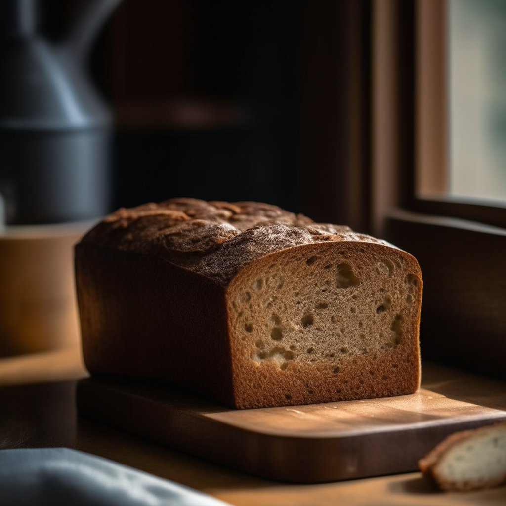 Chai spiced gluten free breakfast loaf on a wood surface, soft natural window lighting from the side, razor sharp focus, loaf takes up most of the frame