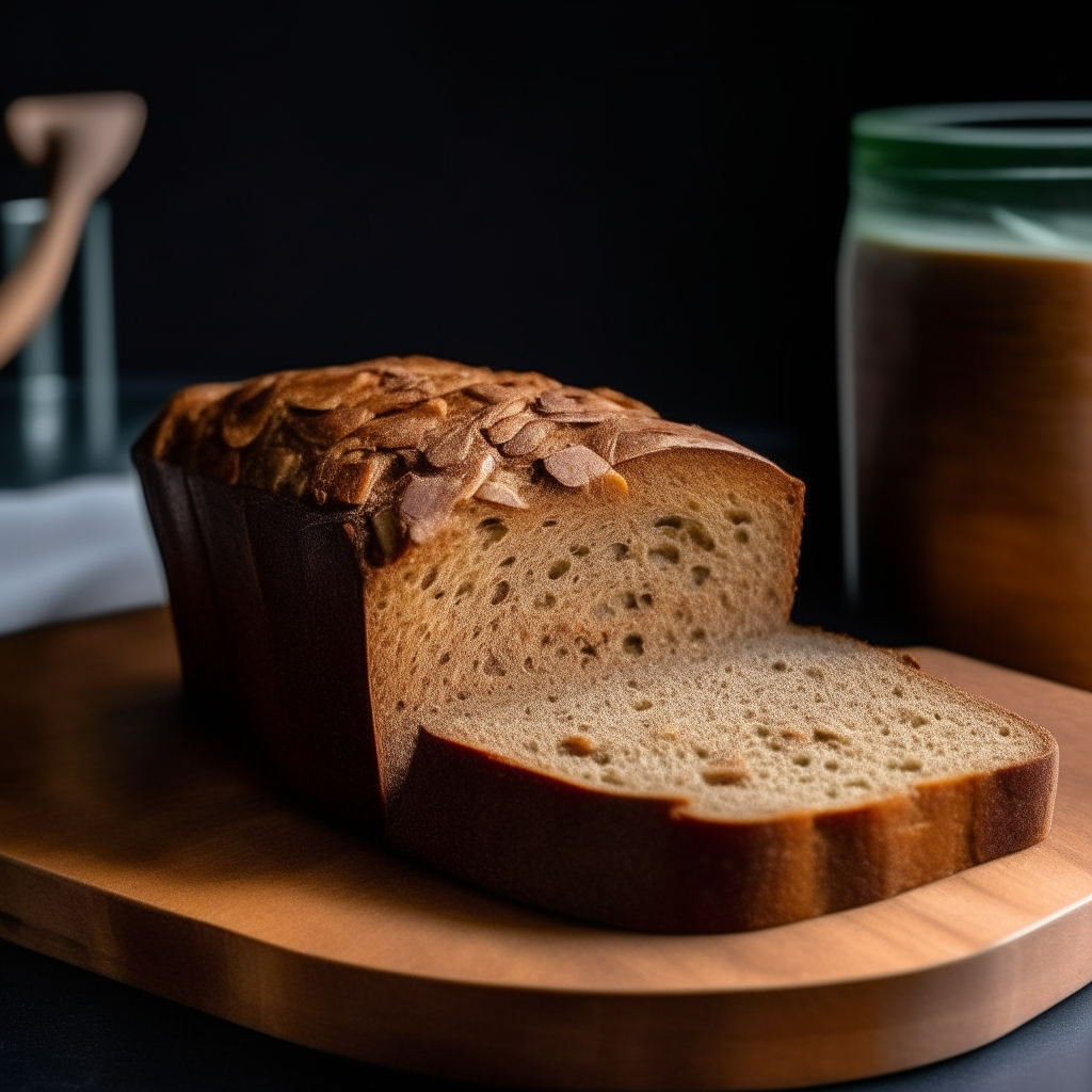 Chai spiced gluten free breakfast loaf on a cutting board, bright studio lighting from an angle, tack sharp focus, loaf fills the frame