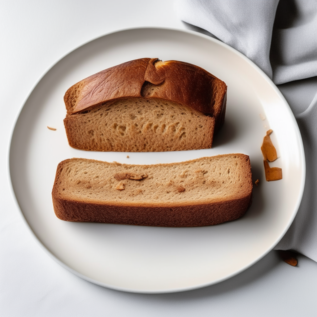 Slice of chai spiced gluten free breakfast loaf on a white plate, overhead studio lighting, extremely sharp focus, loaf fills the frame, visible chai spices throughout