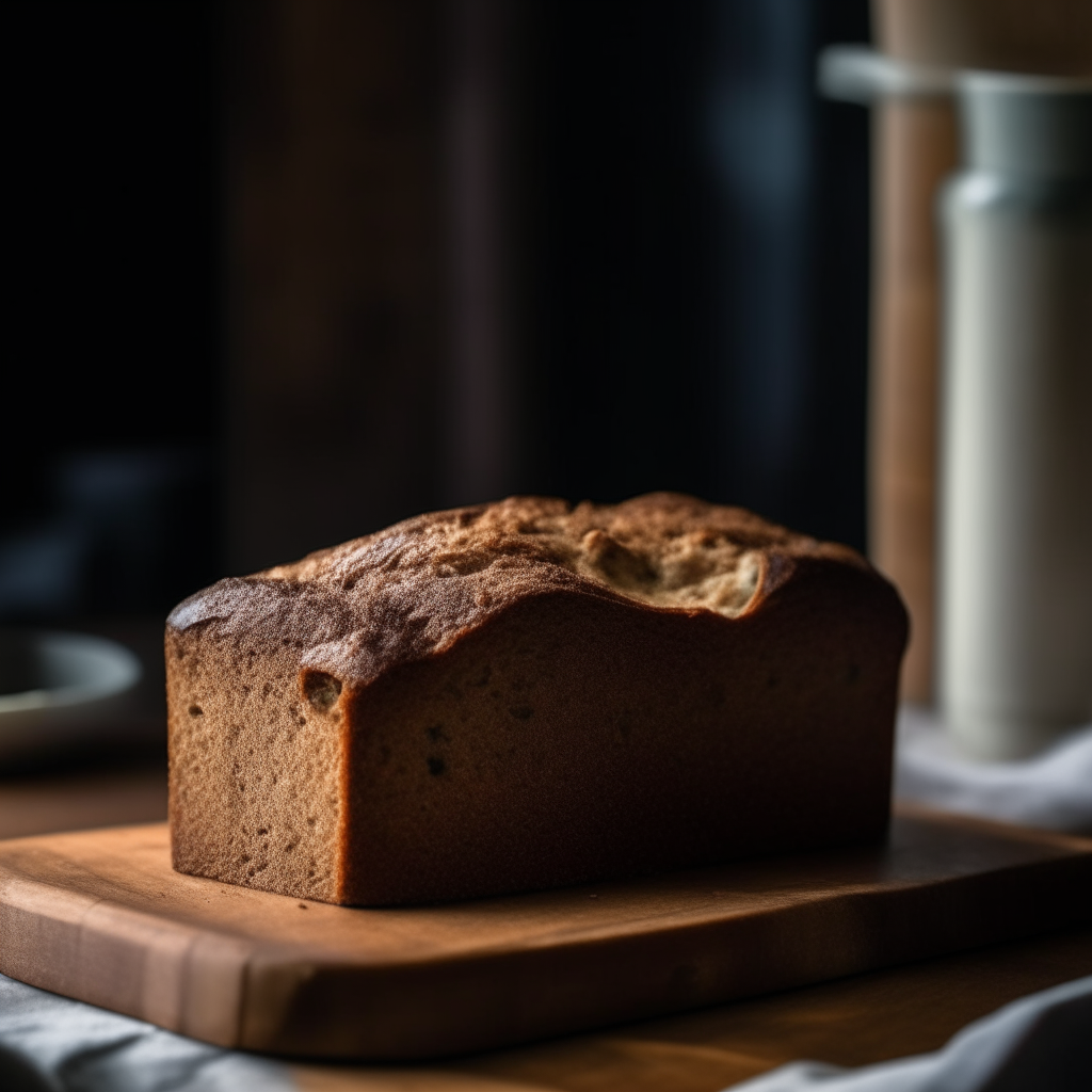 Chai spiced gluten free breakfast loaf on a wood surface, soft natural window lighting from the side, razor sharp focus, loaf takes up most of the frame, chai spices visibly coating the top