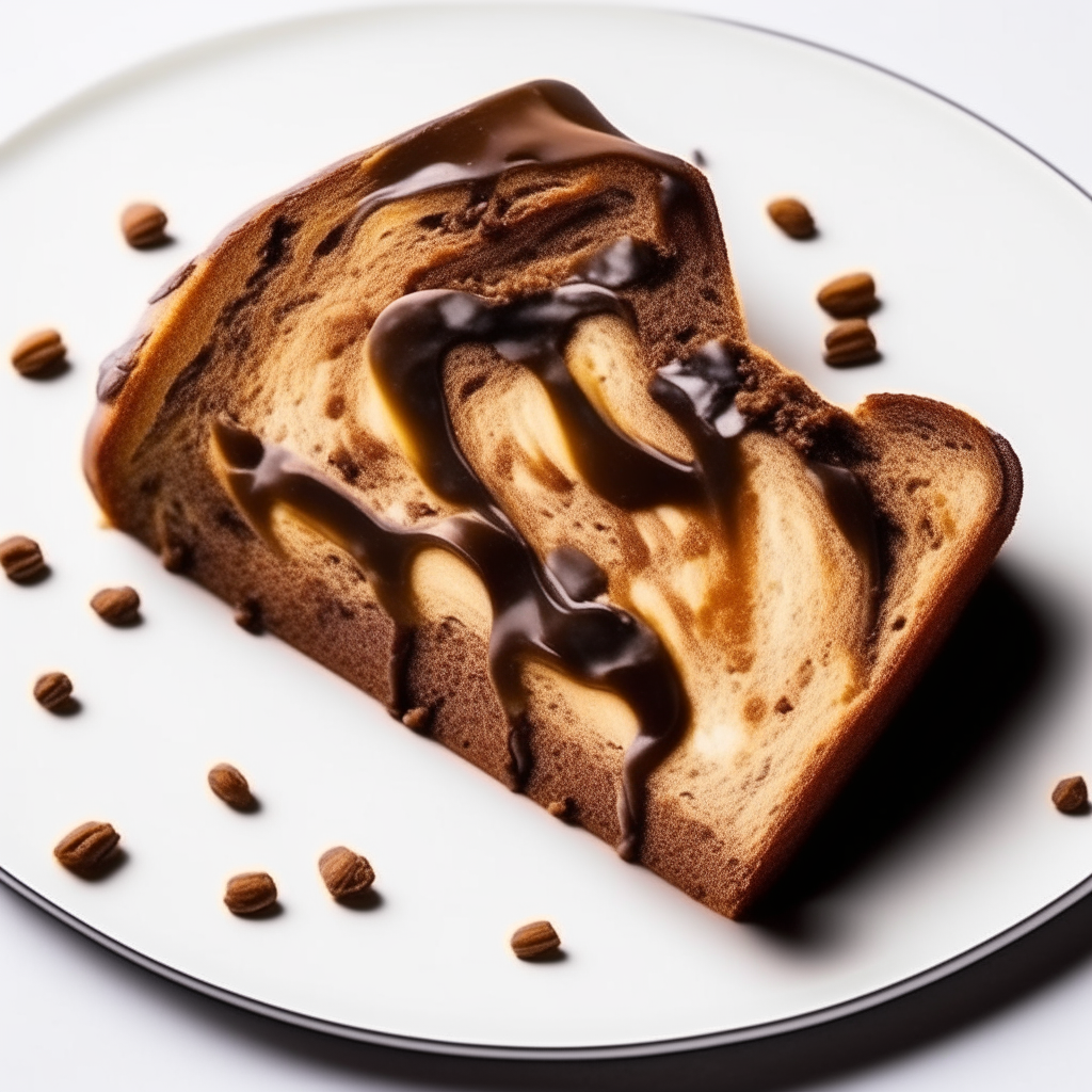 Slice of marbled chocolate and hazelnut bread on a white plate, overhead studio lighting, extremely sharp focus, bread fills the frame