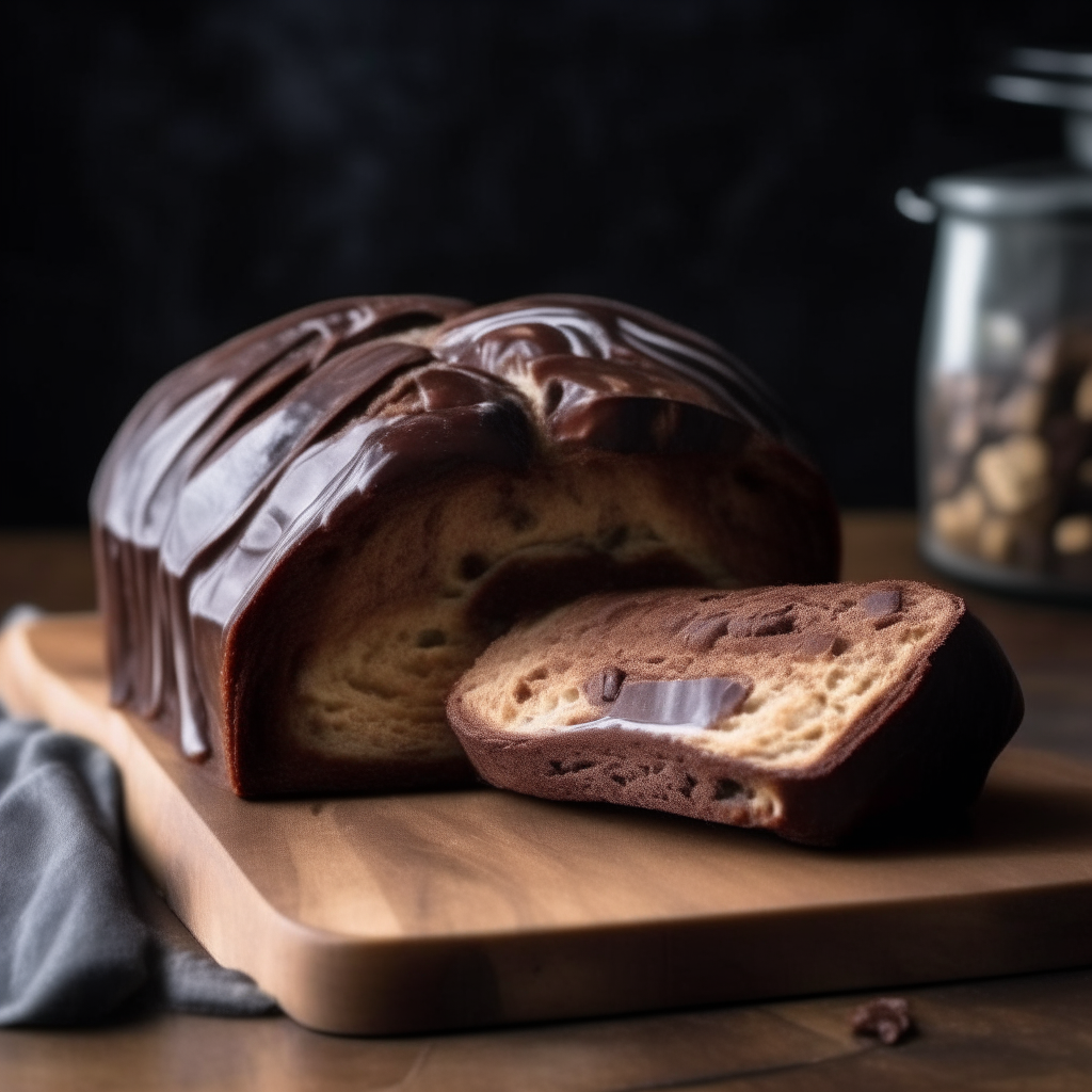 Marbled chocolate and hazelnut bread on a wood surface, soft natural window lighting from the side, razor sharp focus, bread takes up most of the frame