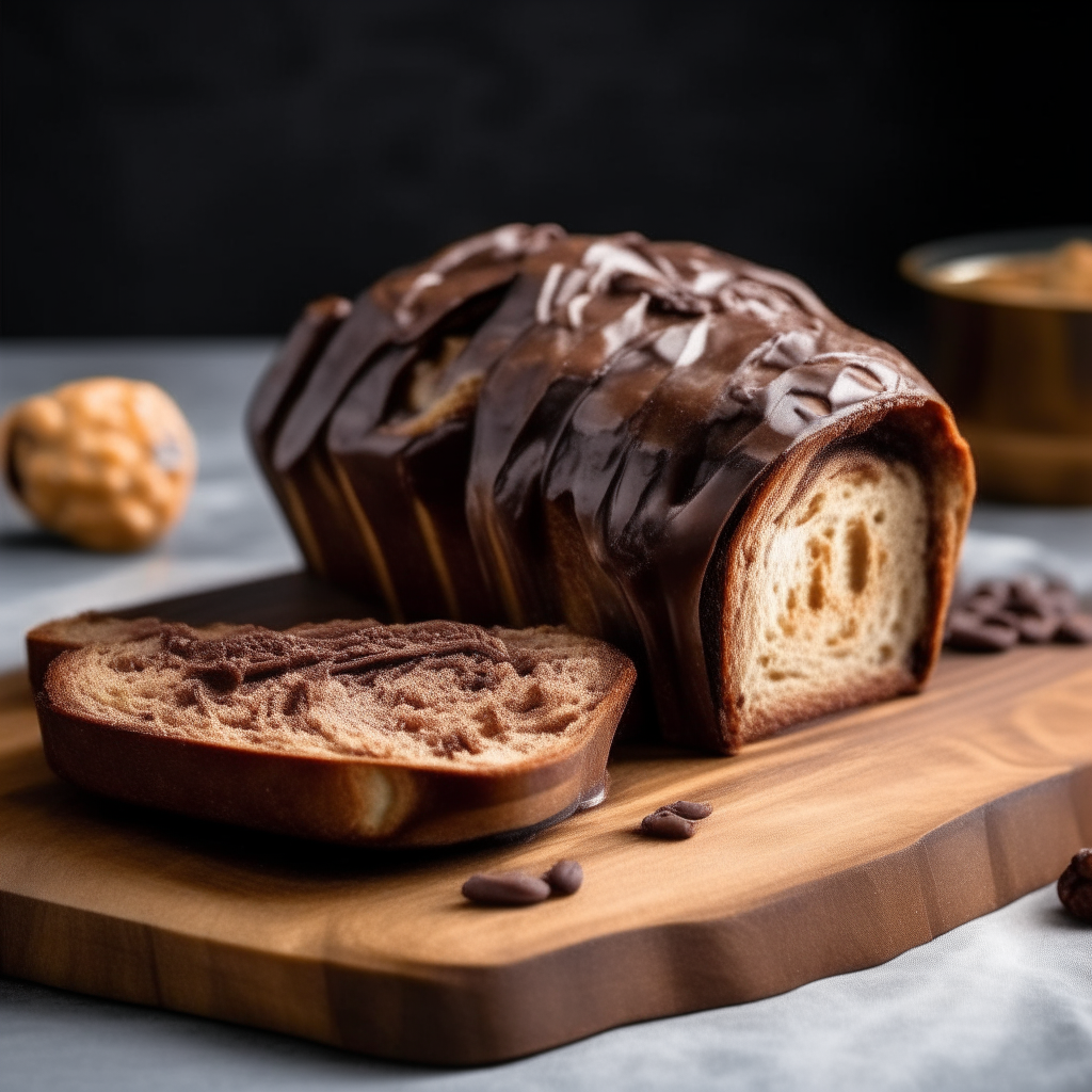 Marbled chocolate and hazelnut bread on a cutting board, bright studio lighting from an angle, tack sharp focus, bread fills the frame