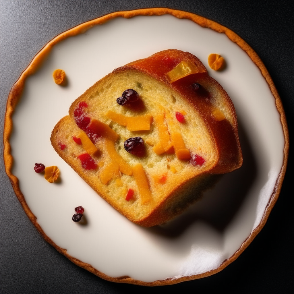 Slice of orange cranberry sweet bread on a white plate, overhead studio lighting, extremely sharp focus, bread fills the frame