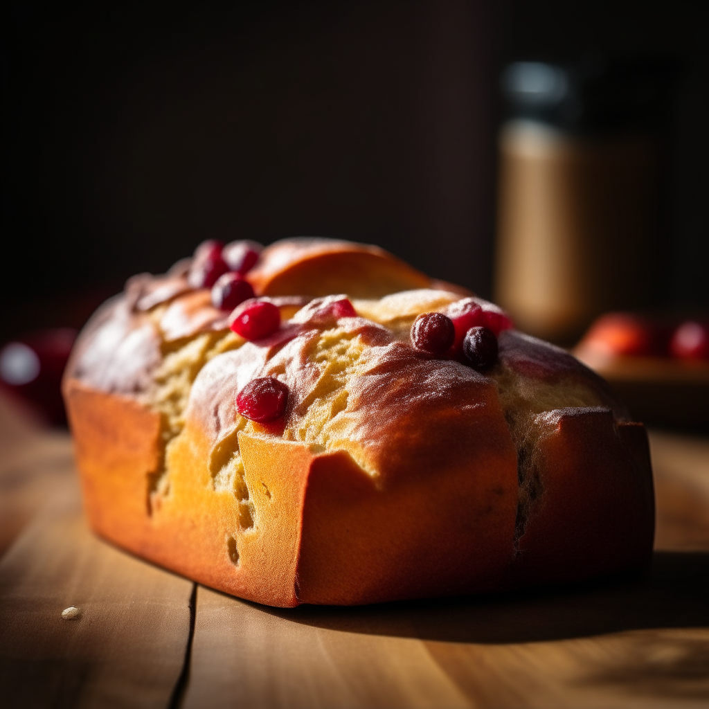 Orange cranberry sweet bread on a wood surface, soft natural window lighting from the side, razor sharp focus, bread takes up most of the frame