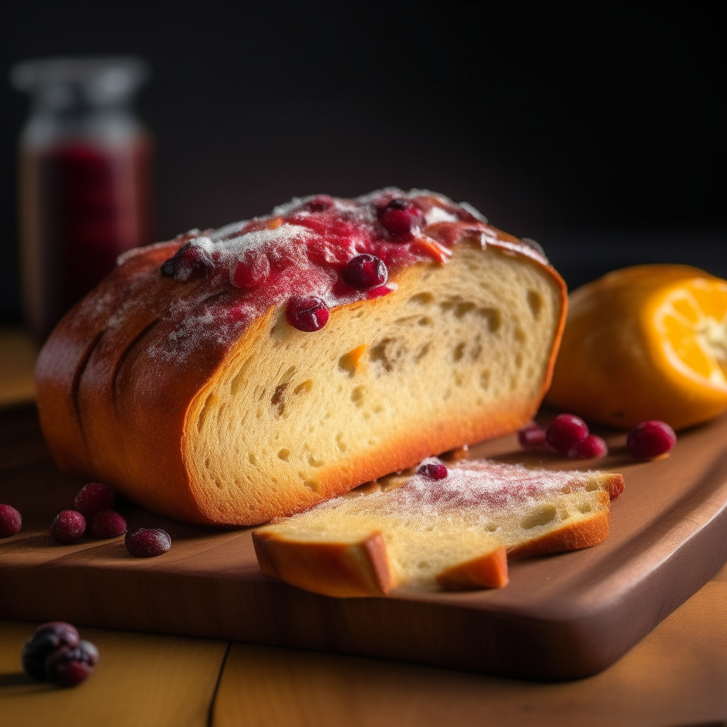 Orange cranberry sweet bread on a cutting board, bright studio lighting from an angle, tack sharp focus, bread fills the frame