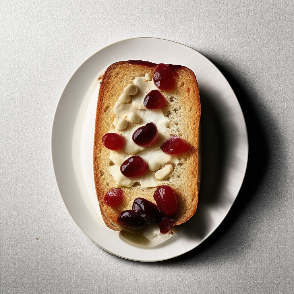 Slice of cherry almond bread on a white plate, overhead studio lighting, extremely sharp focus, bread fills the frame