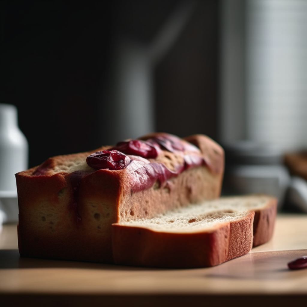 Cherry almond bread on a wood surface, soft natural window lighting from the side, razor sharp focus, bread takes up most of the frame