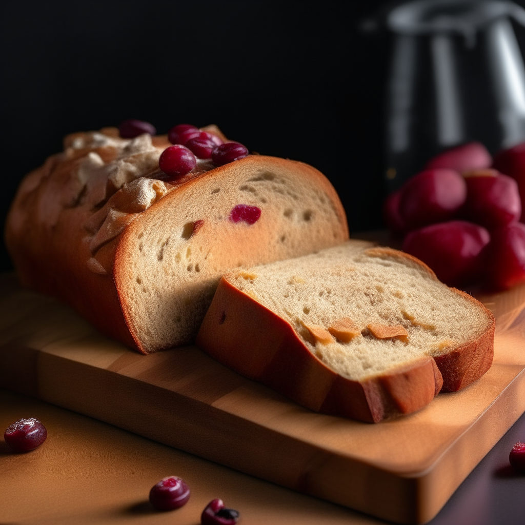 Cherry almond bread on a cutting board, bright studio lighting from an angle, tack sharp focus, bread fills the frame