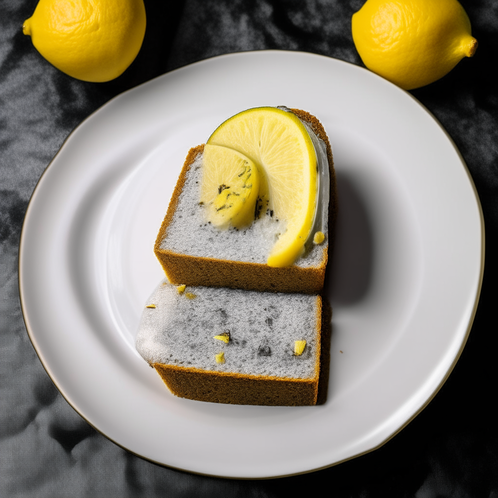 Slice of lemon poppy seed sweet loaf on a white plate, overhead studio lighting, extremely sharp focus, loaf fills the frame