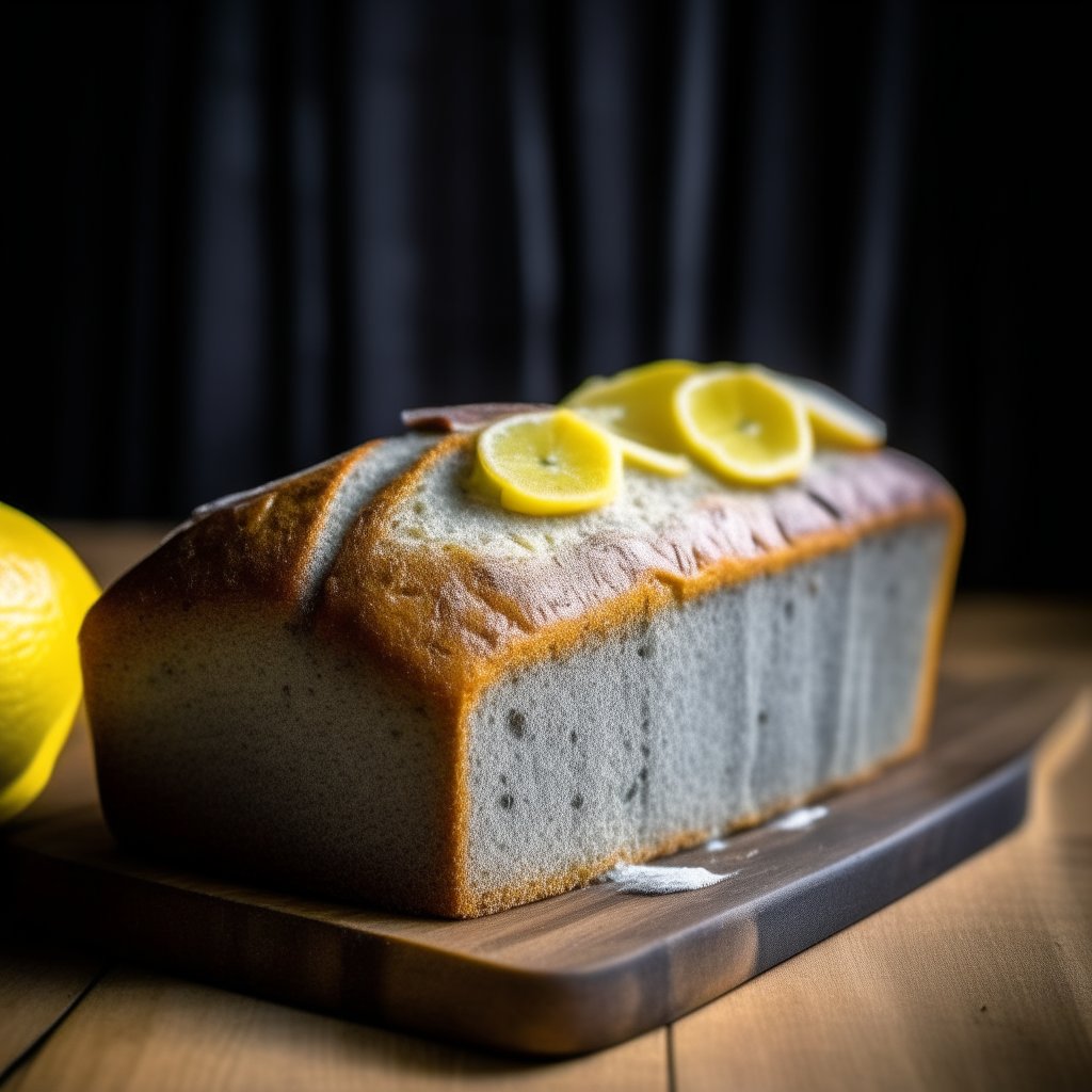 Lemon poppy seed sweet loaf on a wood surface, soft natural window lighting from the side, razor sharp focus, loaf takes up most of the frame